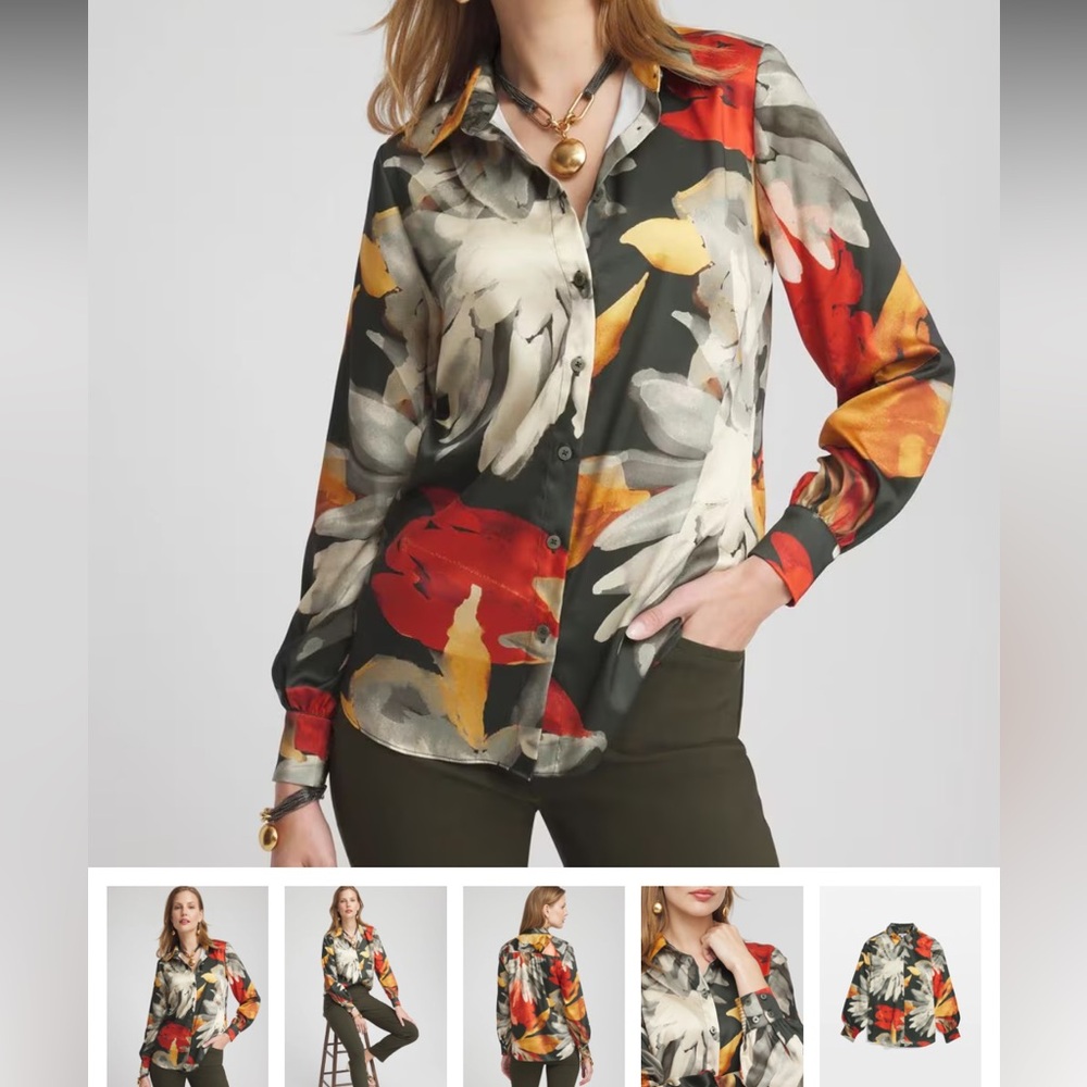 Chico's Floral Faux Silk Button-Down Shirt with Red Gray Gold Cream Floral